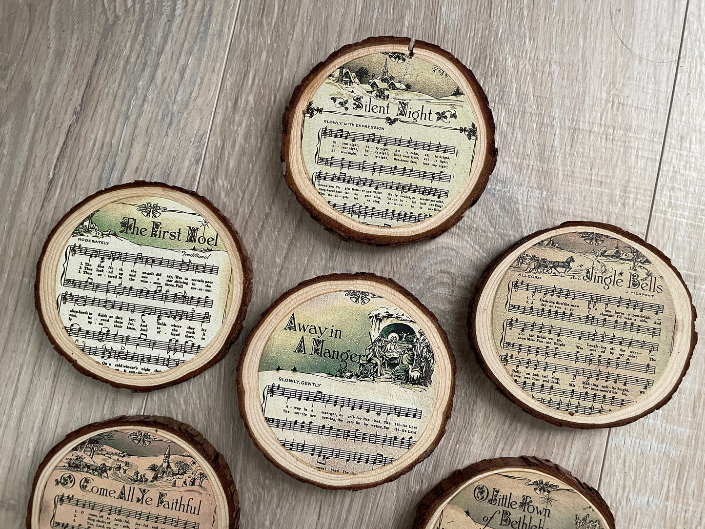 Rustic Wood Slice Christmas Carol Coasters - Farmhouse Holiday Decor, Set of 6