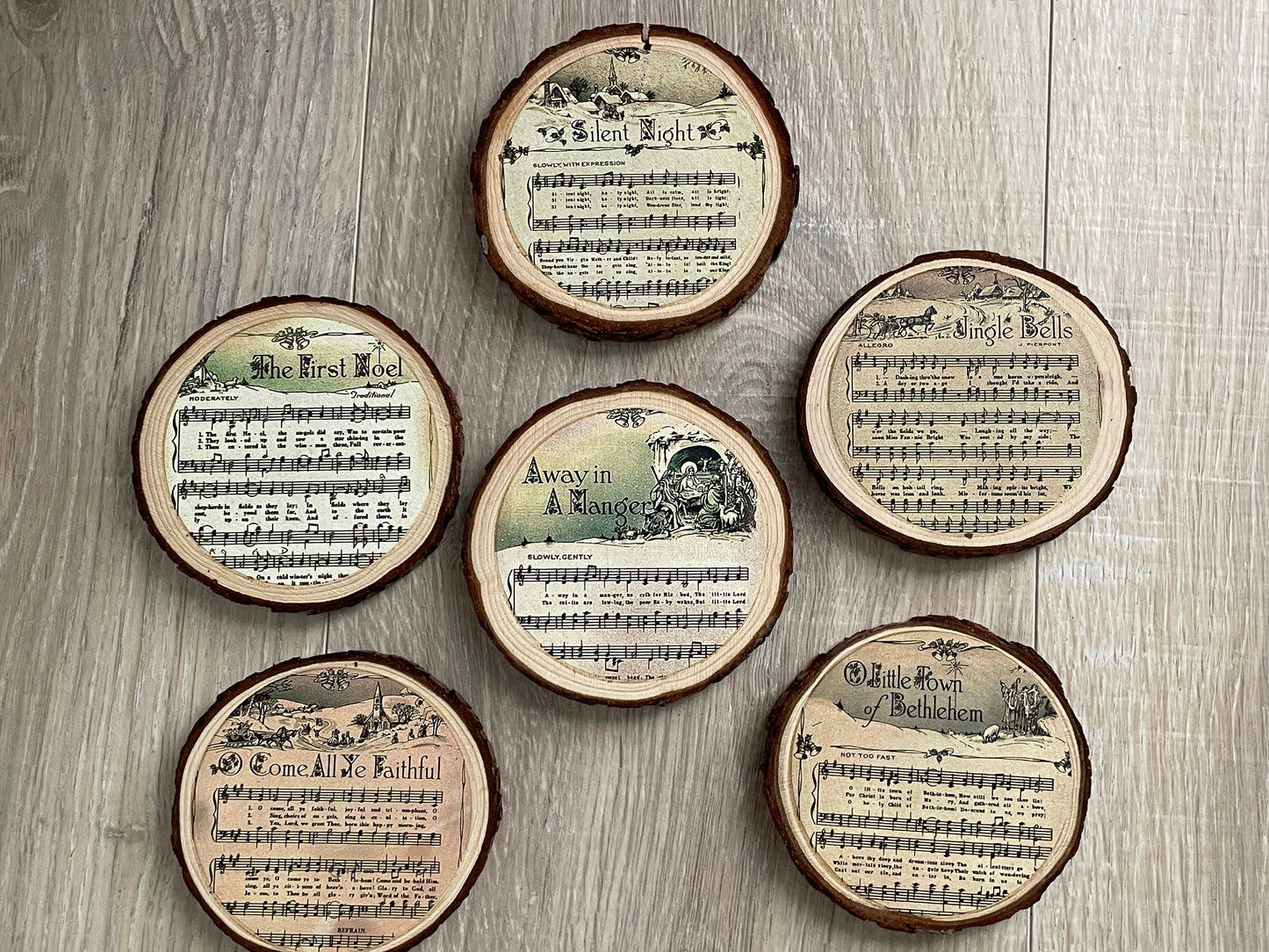 Rustic Wood Slice Christmas Carol Coasters - Farmhouse Holiday Decor, Set of 6