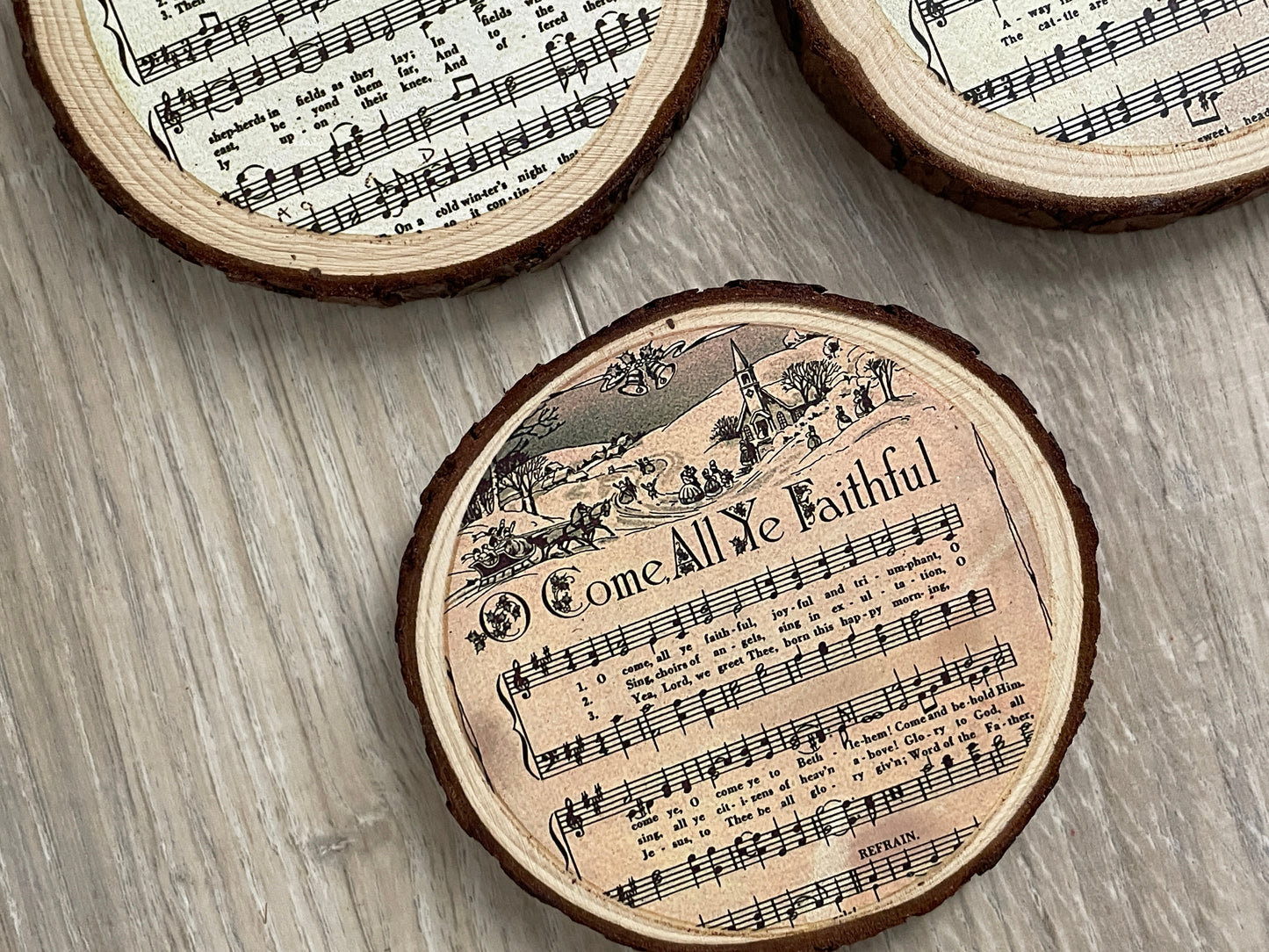 Rustic Wood Slice Christmas Carol Coasters - Farmhouse Holiday Decor, Set of 6