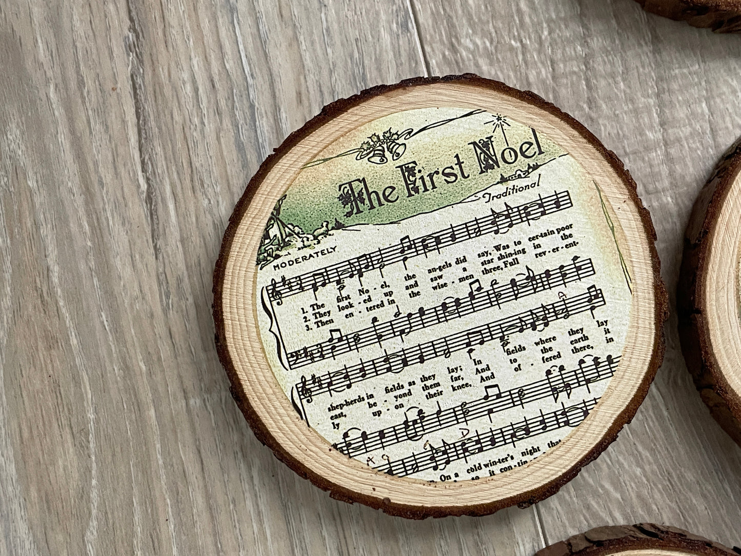 Rustic Wood Slice Christmas Carol Coasters - Farmhouse Holiday Decor, Set of 6