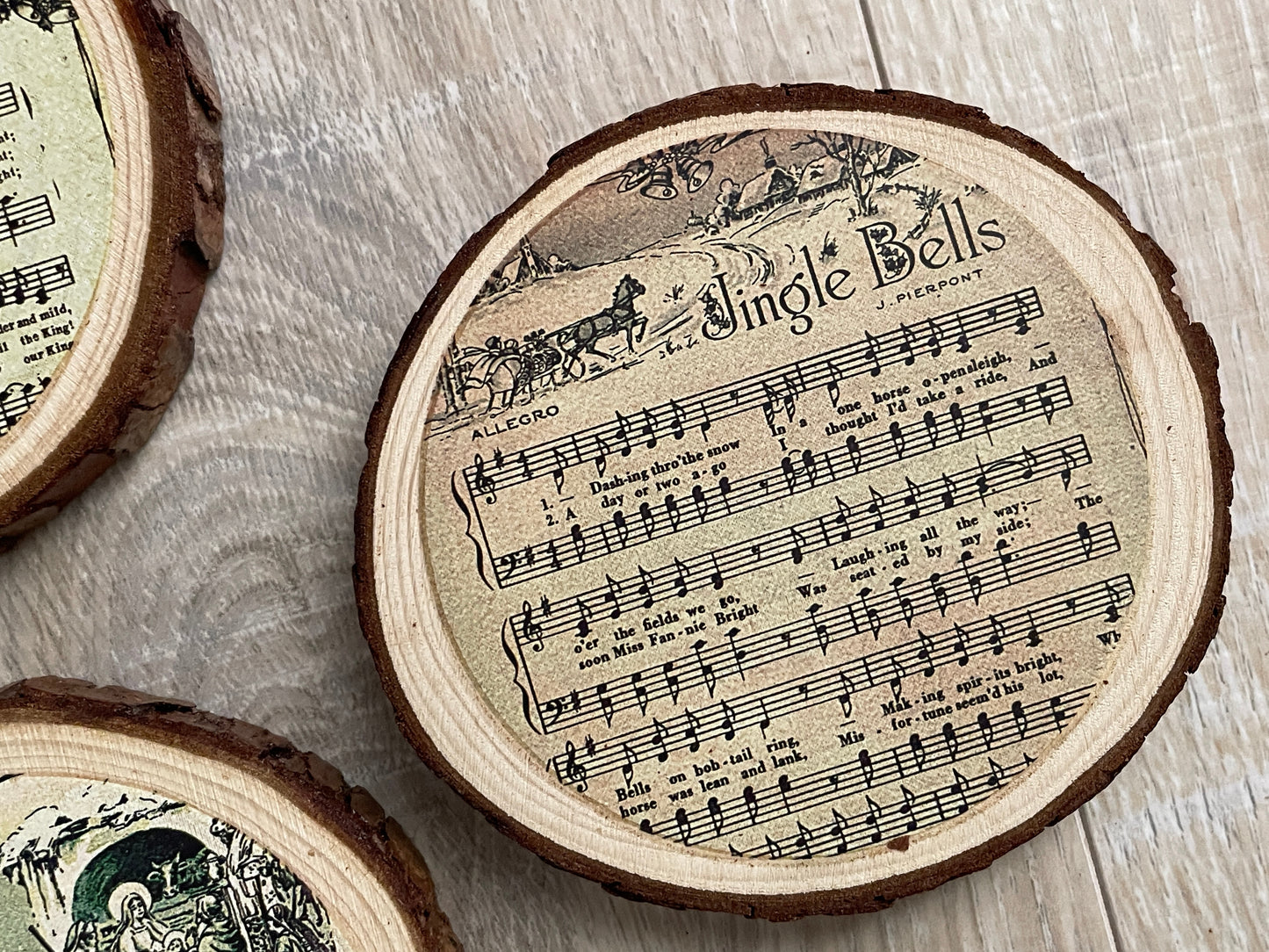 Rustic Wood Slice Christmas Carol Coasters - Farmhouse Holiday Decor, Set of 6
