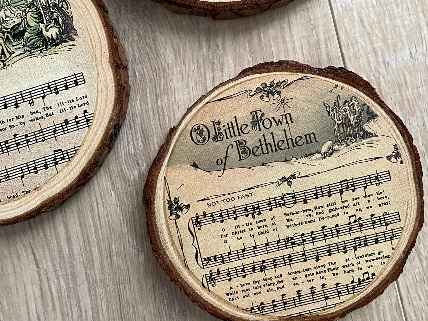 Rustic Wood Slice Christmas Carol Coasters - Farmhouse Holiday Decor, Set of 6
