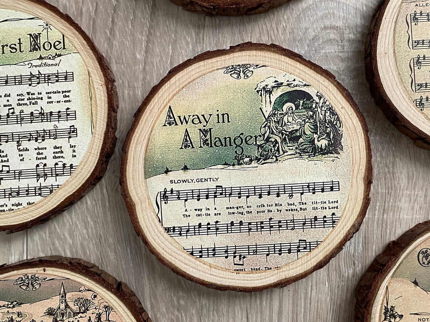 Rustic Wood Slice Christmas Carol Coasters - Farmhouse Holiday Decor, Set of 6