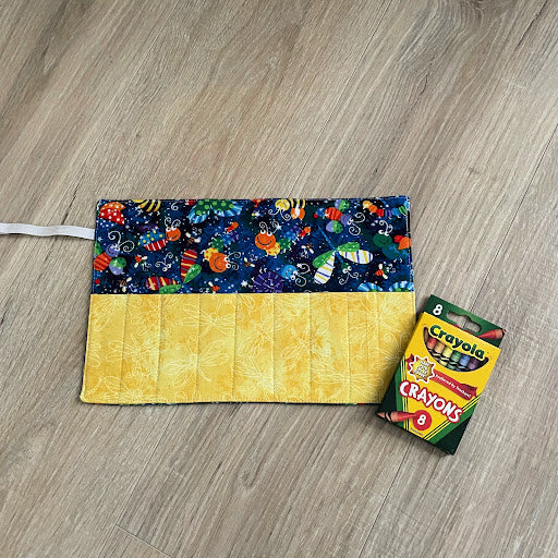 Handmade Crayon Roll Up, Crayon Tote, Crayon Holder featuring Colorful Insects with Included Crayons