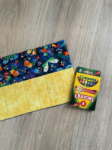 Handmade Crayon Roll Up, Crayon Tote, Crayon Holder featuring Colorful Insects with Included Crayons