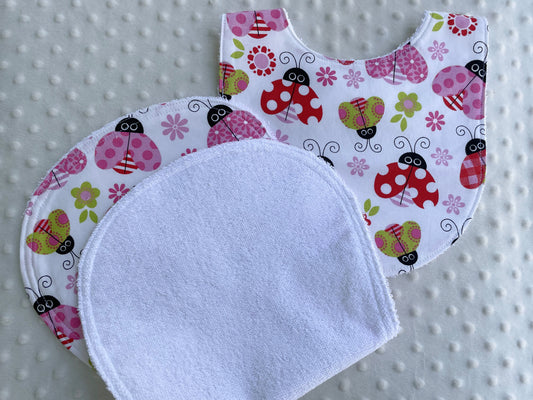 Sweet Ladybug and Flowers Baby Girl Set: Bib and Burp Cloth Gift