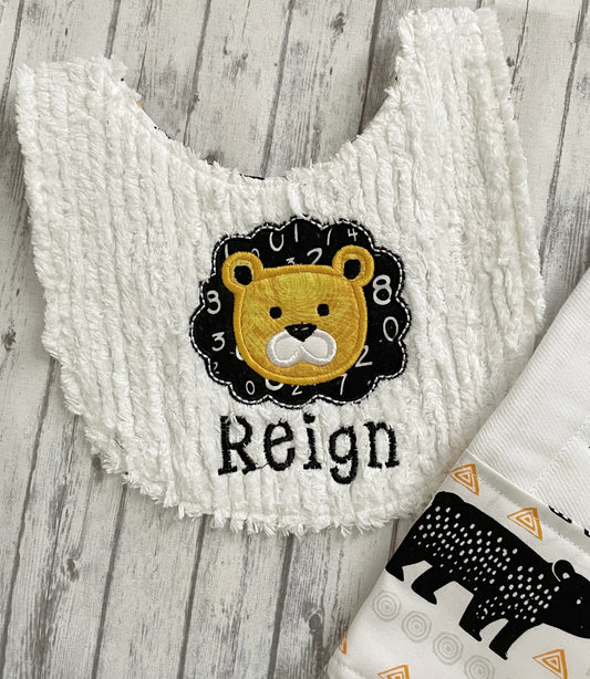 Personalized Baby Bib and Burp Cloth Set - Modern Safari Animals in Yellow and Black