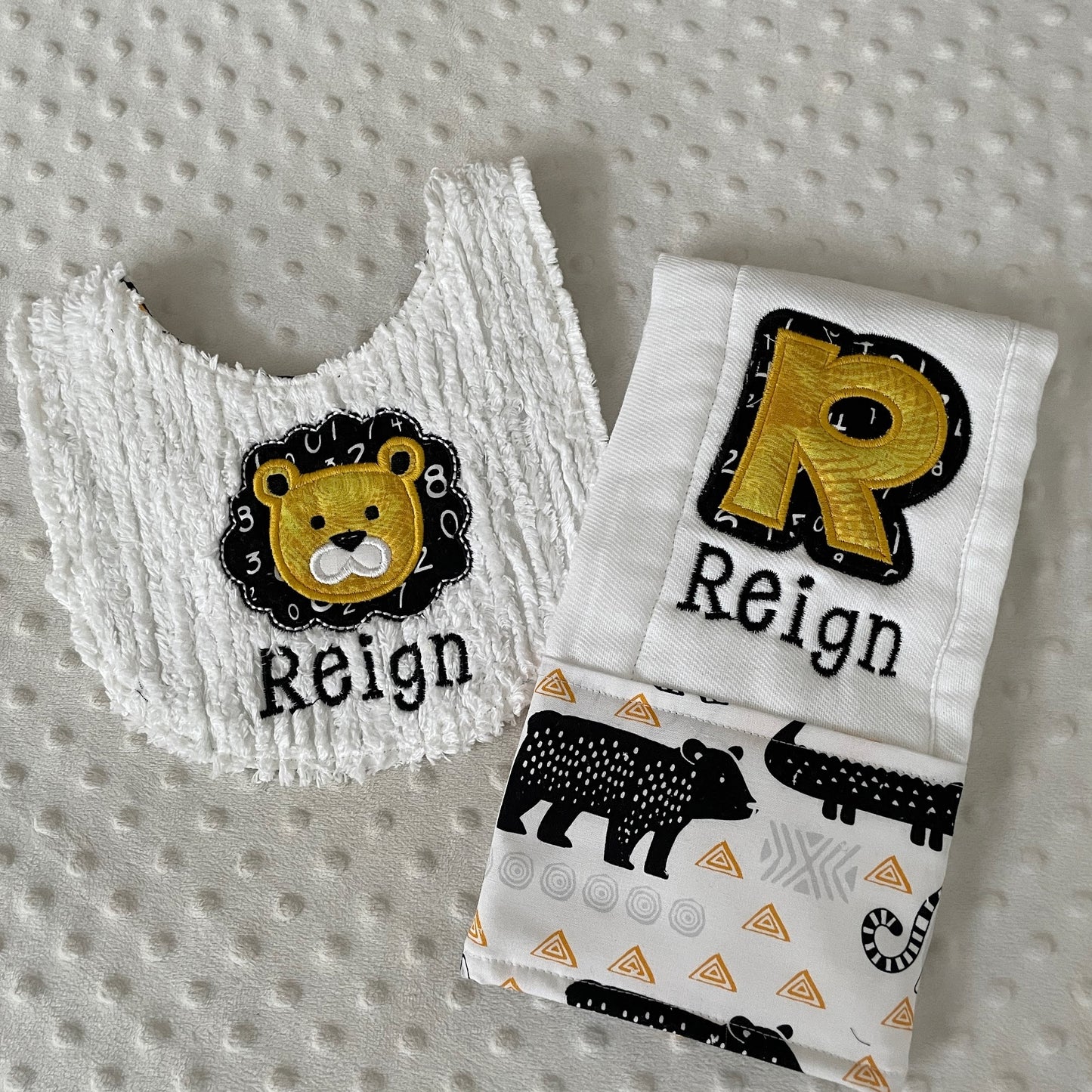 Personalized Baby Bib and Burp Cloth Set - Modern Safari Animals in Yellow and Black