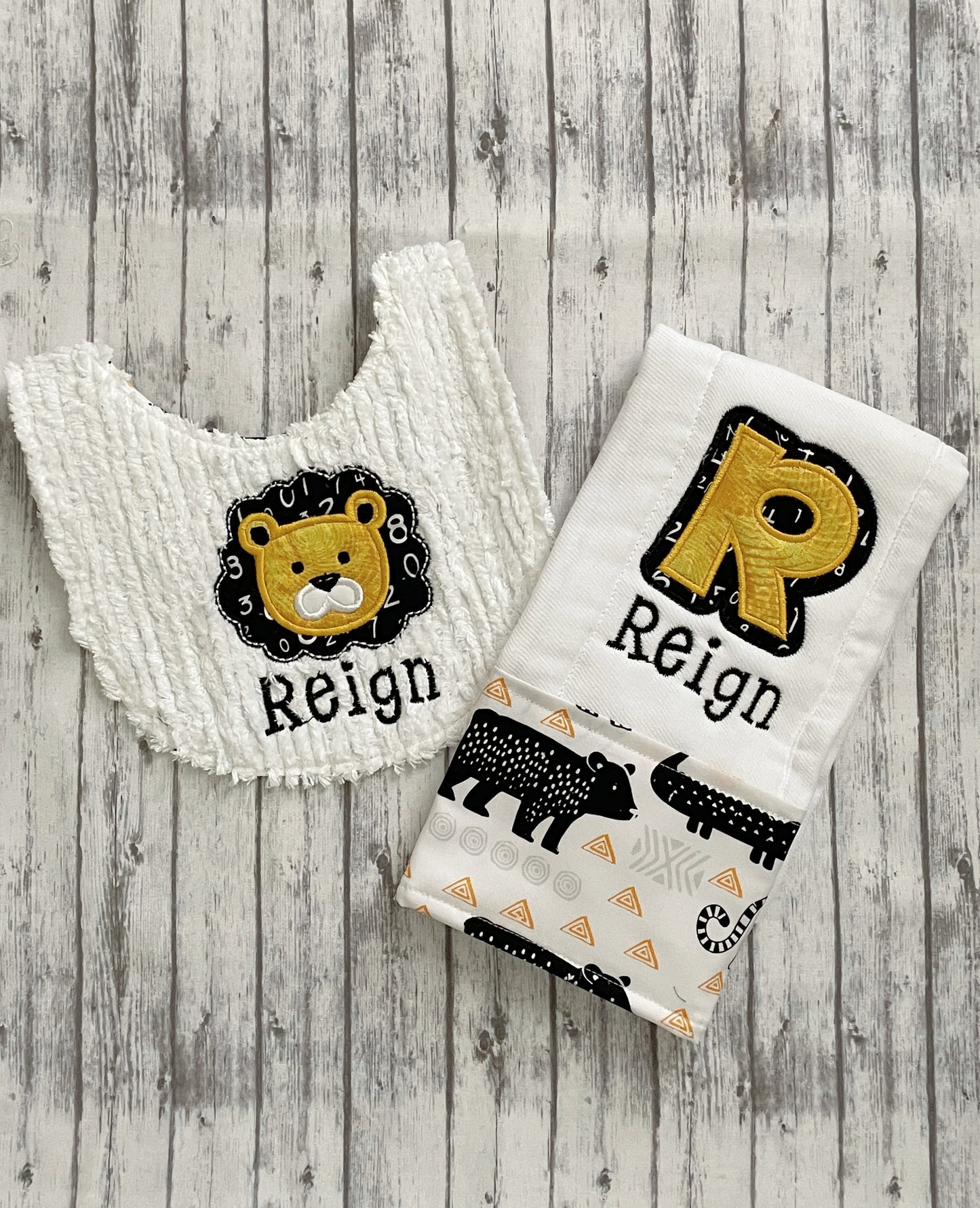 Personalized Baby Bib and Burp Cloth Set - Modern Safari Animals in Yellow and Black