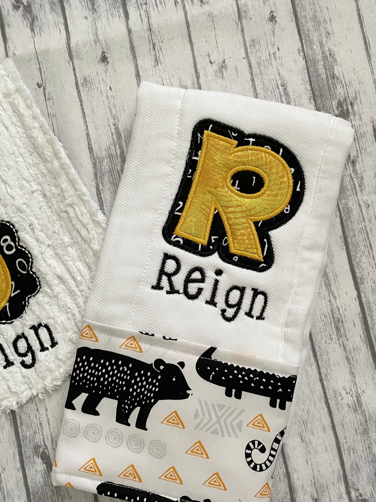 Personalized Baby Bib and Burp Cloth Set - Modern Safari Animals in Yellow and Black