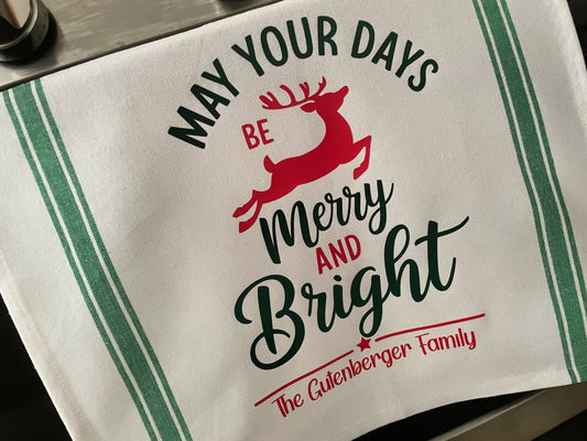 Personalized Christmas Kitchen Towel, Merry and Bright Cotton Decor