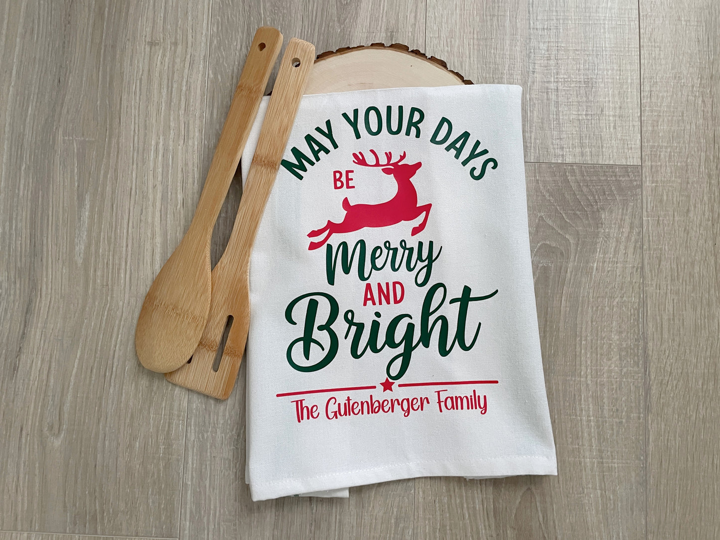 Personalized Christmas Kitchen Towel, Merry and Bright Cotton Decor