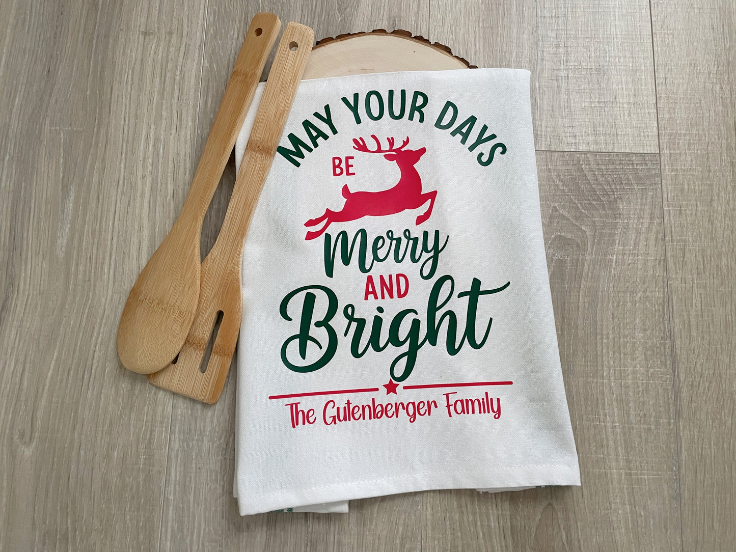 Personalized Christmas Kitchen Towel, Merry and Bright Cotton Decor