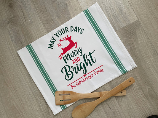 Personalized Christmas Kitchen Towel, Merry and Bright Cotton Decor