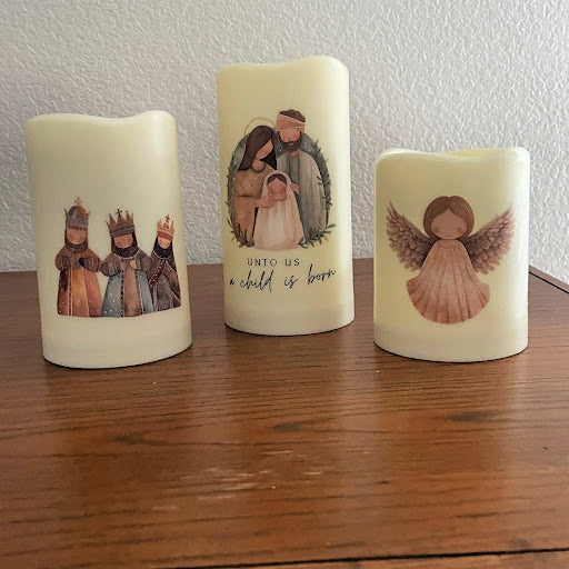 Christian Themed LED candle gift set, Rustic Nativity Christmas Decor, Set of 3 Flameless LED Pillar Candles with remote control