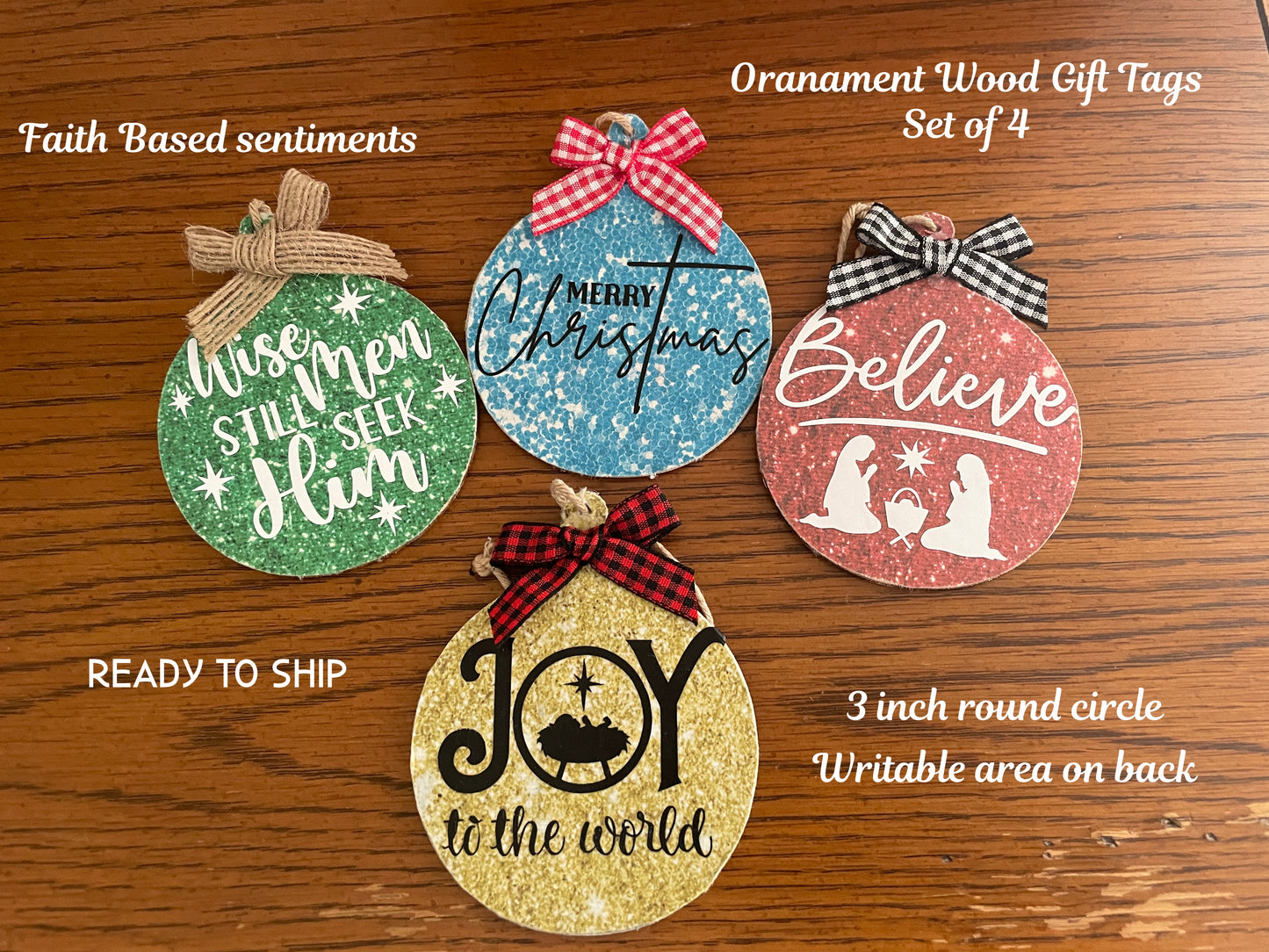 Christian Christmas Wood Gift Tags: Faith-Based Ornaments, Set of 4
