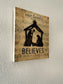 Our Family Believes– Rustic Christmas Wood Sign, Faith-Inspired Shelf Sitter, Nativity Scene Decor