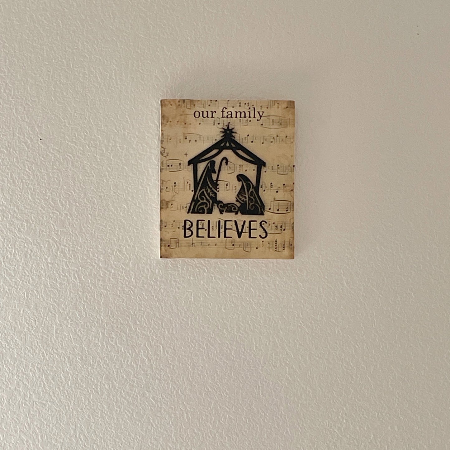 Our Family Believes– Rustic Christmas Wood Sign, Faith-Inspired Shelf Sitter, Nativity Scene Decor