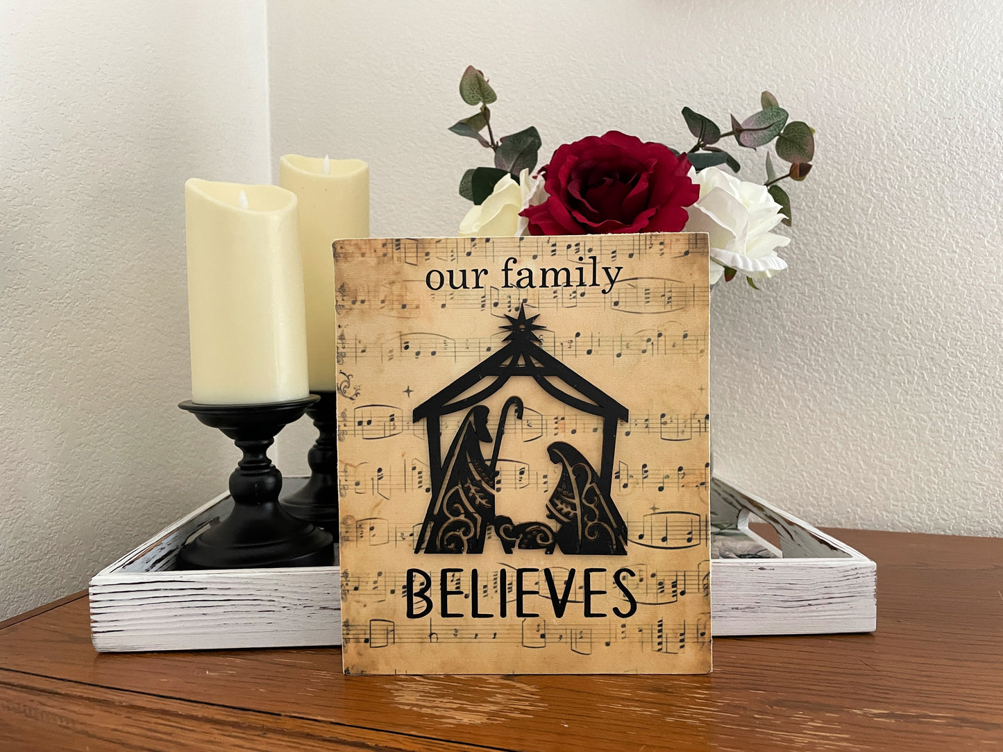 Our Family Believes– Rustic Christmas Wood Sign, Faith-Inspired Shelf Sitter, Nativity Scene Decor
