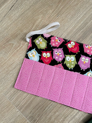 Handmade Crayon Roll Up, Crayon Tote, Crayon Holder featuring colorful Owls with Included Crayons