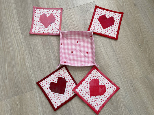 Quilted Fabric Coasters, Set of 4 Handmade Drink Mats with Holder