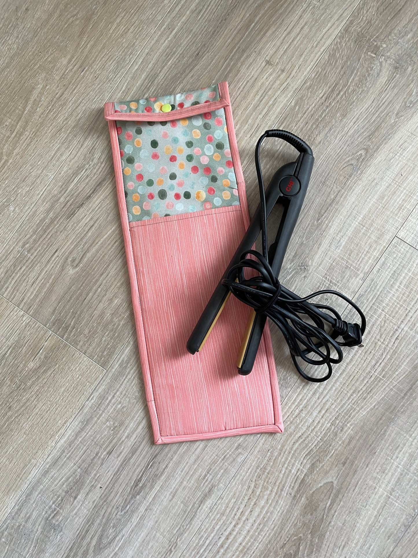 Handmade Flat Iron or Curling Iron Holder, Peach and Sage Dots