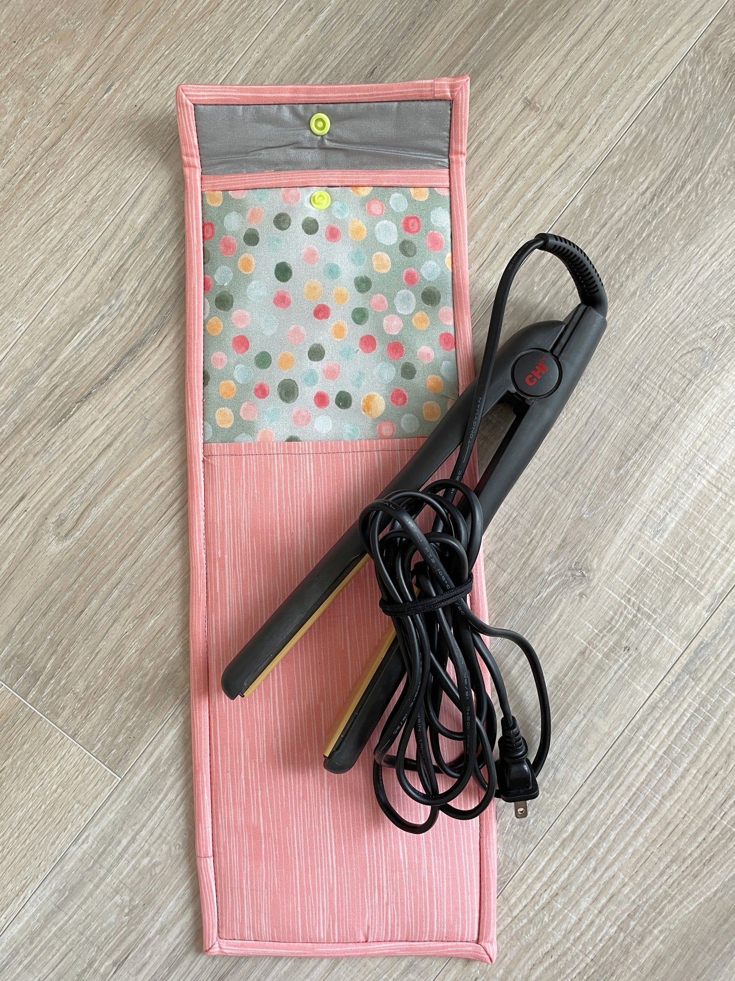 Handmade Flat Iron or Curling Iron Holder, Peach and Sage Dots