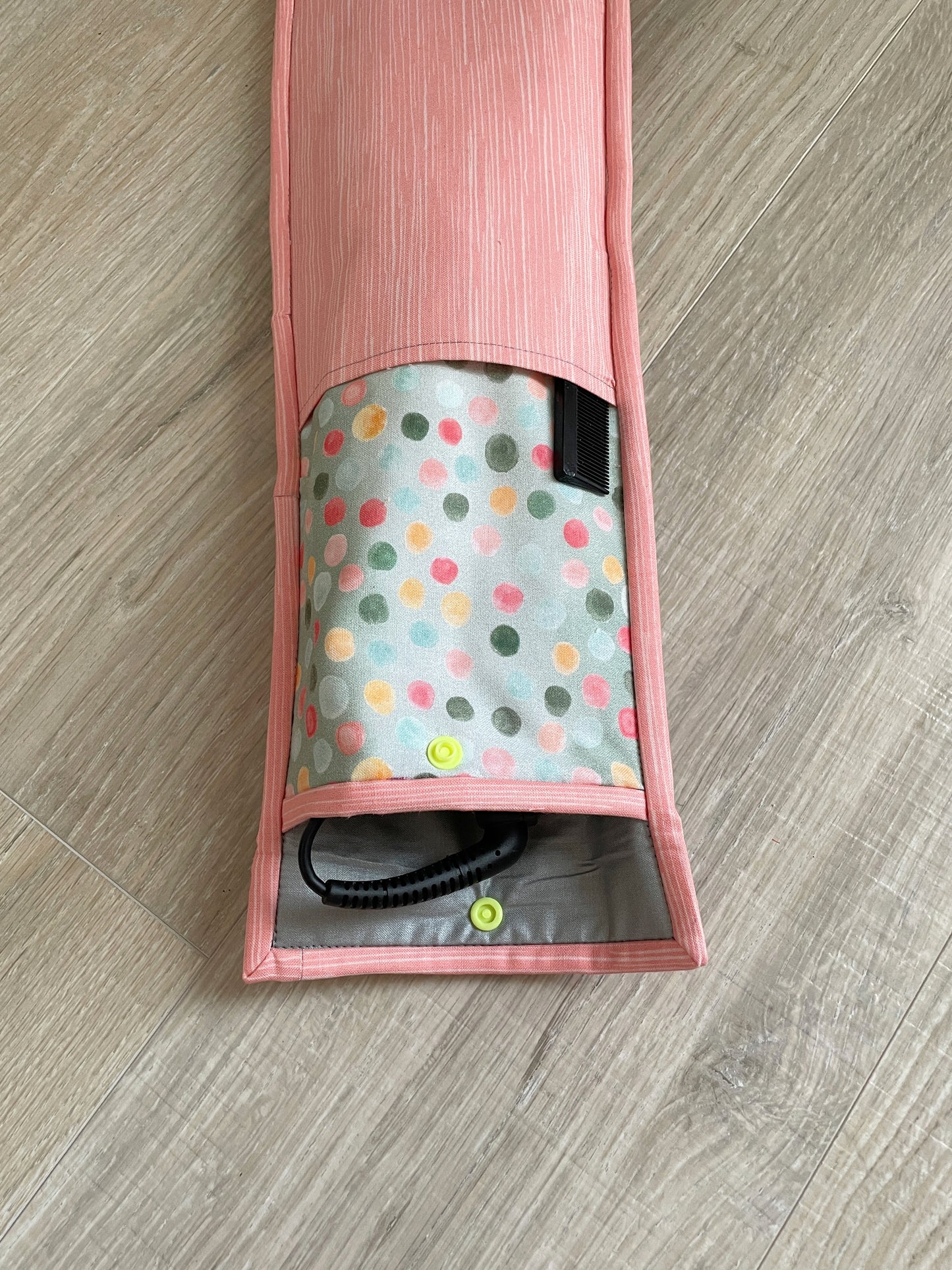 Handmade Flat Iron or Curling Iron Holder, Peach and Sage Dots