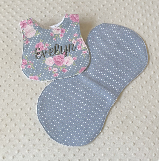 Adorable Pink & Gray Rose Baby Girl Bib and Burp Cloth Set - Perfect Baby Shower Gift