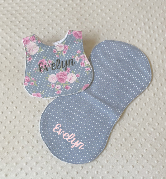 Adorable Pink & Gray Rose Baby Girl Bib and Burp Cloth Set - Perfect Baby Shower Gift