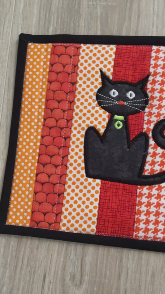 Black Cat Halloween Quilted Mug Rug or Snack Mat