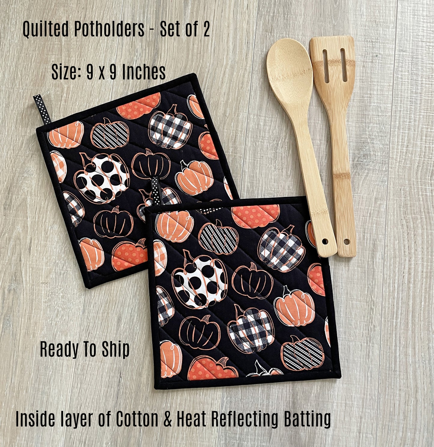 Quilted Pot Holder, Heat Resistant Set of 2, 9 x 9 Inch, Hot Pad with Loop Farmhouse Kitchen Gift