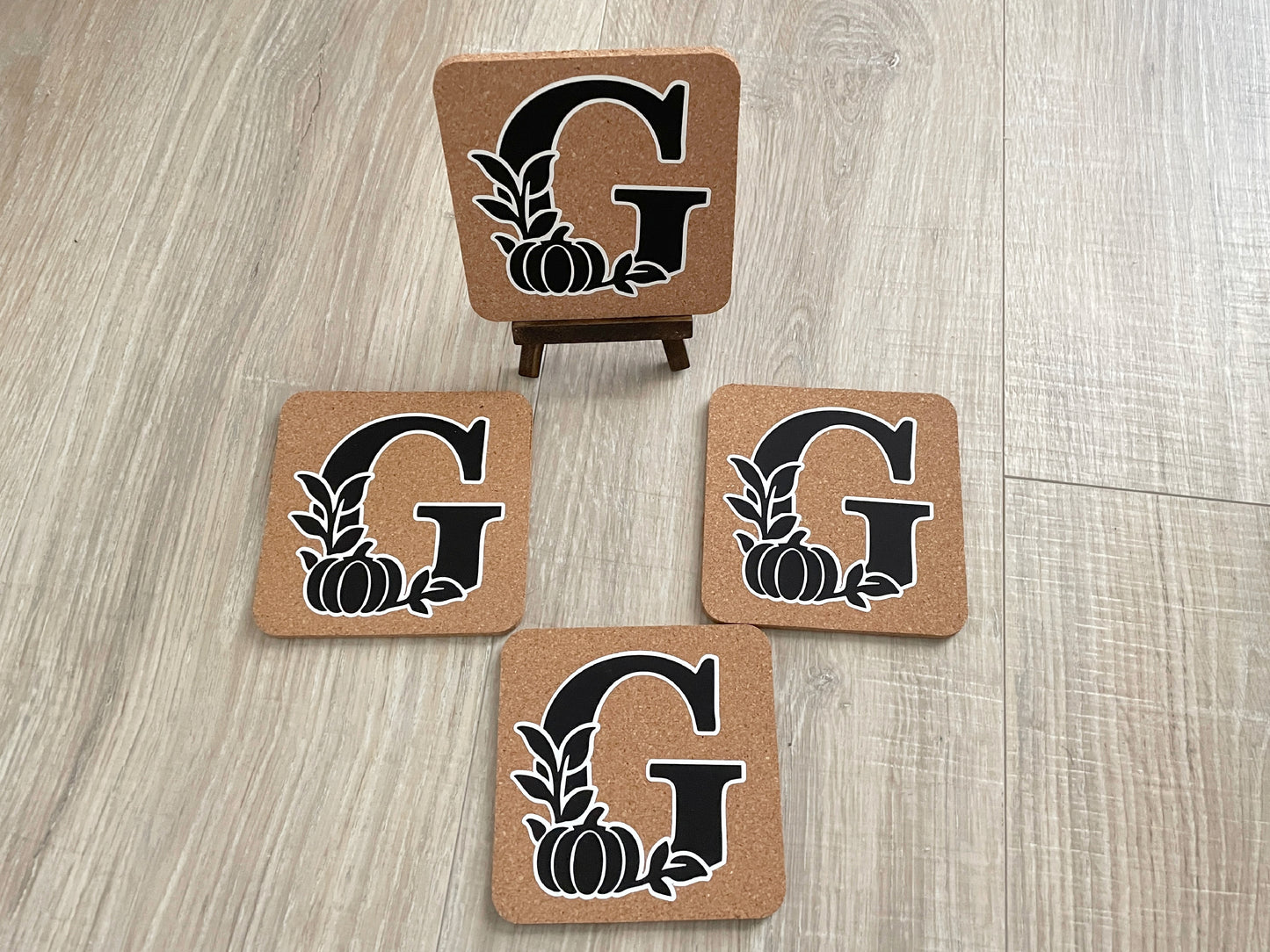 Fall Monogram Coasters – Set of 4 Cork Initial Coasters – Autumn Decor