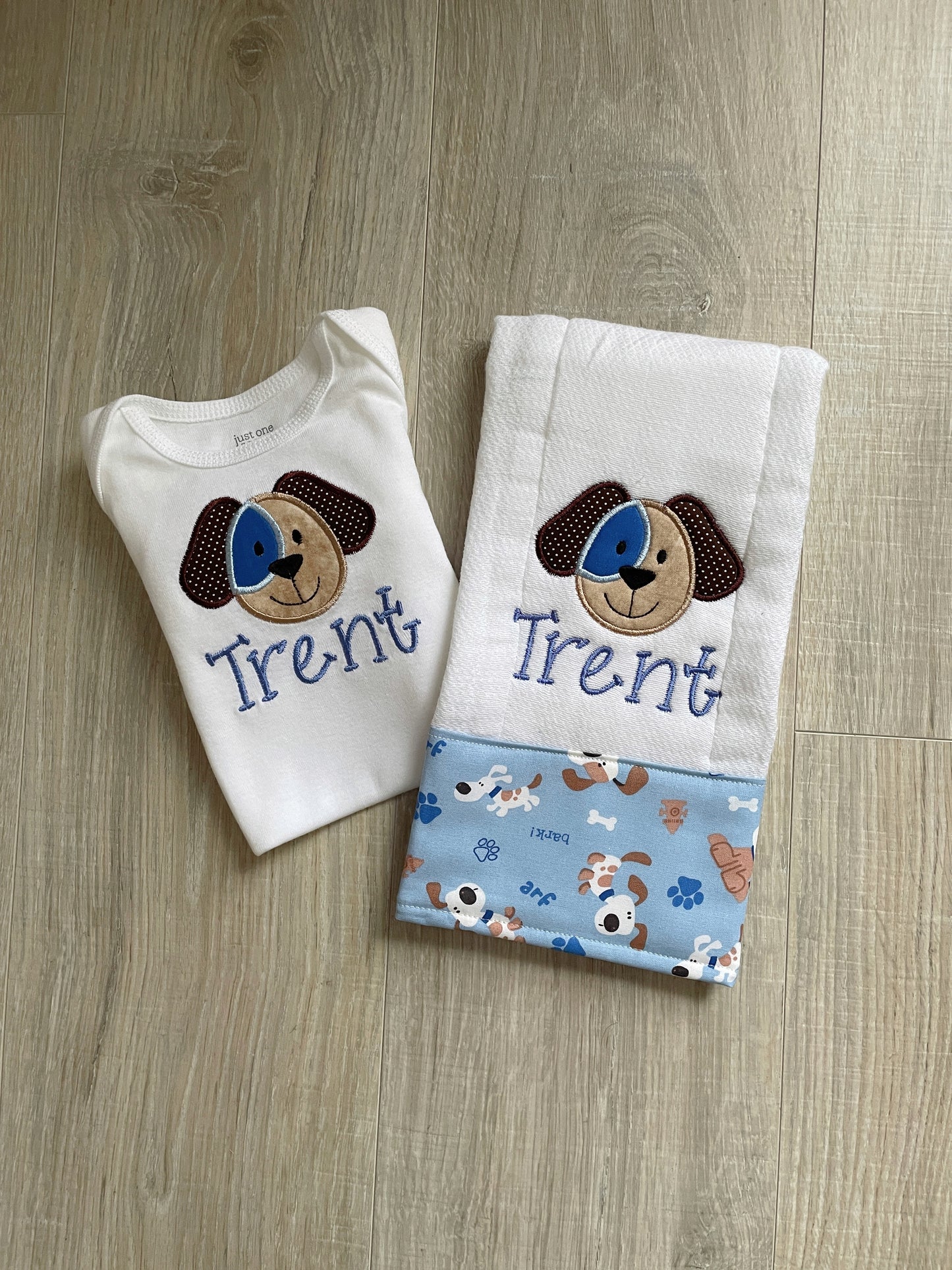 Smiling Puppy Baby Boy Gift Set - Personalized Burp and Bodysuit