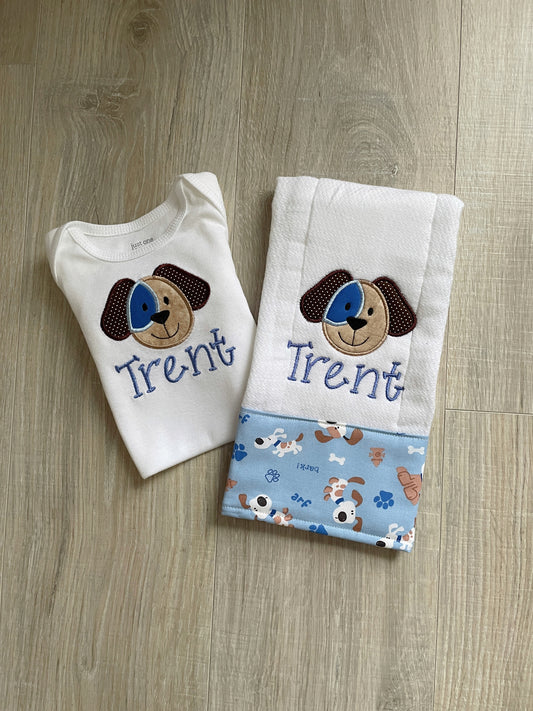 Smiling Puppy Baby Boy Gift Set - Personalized Burp and Bodysuit