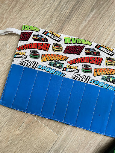 Handmade Crayon Roll Up, Crayon Tote, Crayon Holder featuring Race Cars with Included Crayons