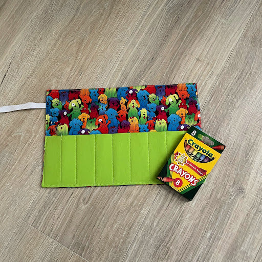 Handmade Crayon Roll Up, Crayon Tote, Crayon Holder featuring Colorful Dogs with Included Crayons