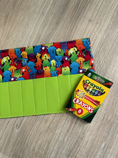 Handmade Crayon Roll Up, Crayon Tote, Crayon Holder featuring Colorful Dogs with Included Crayons