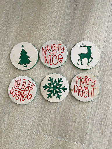 Christmas Coasters, Set of 6 Wooden Holiday Coasters