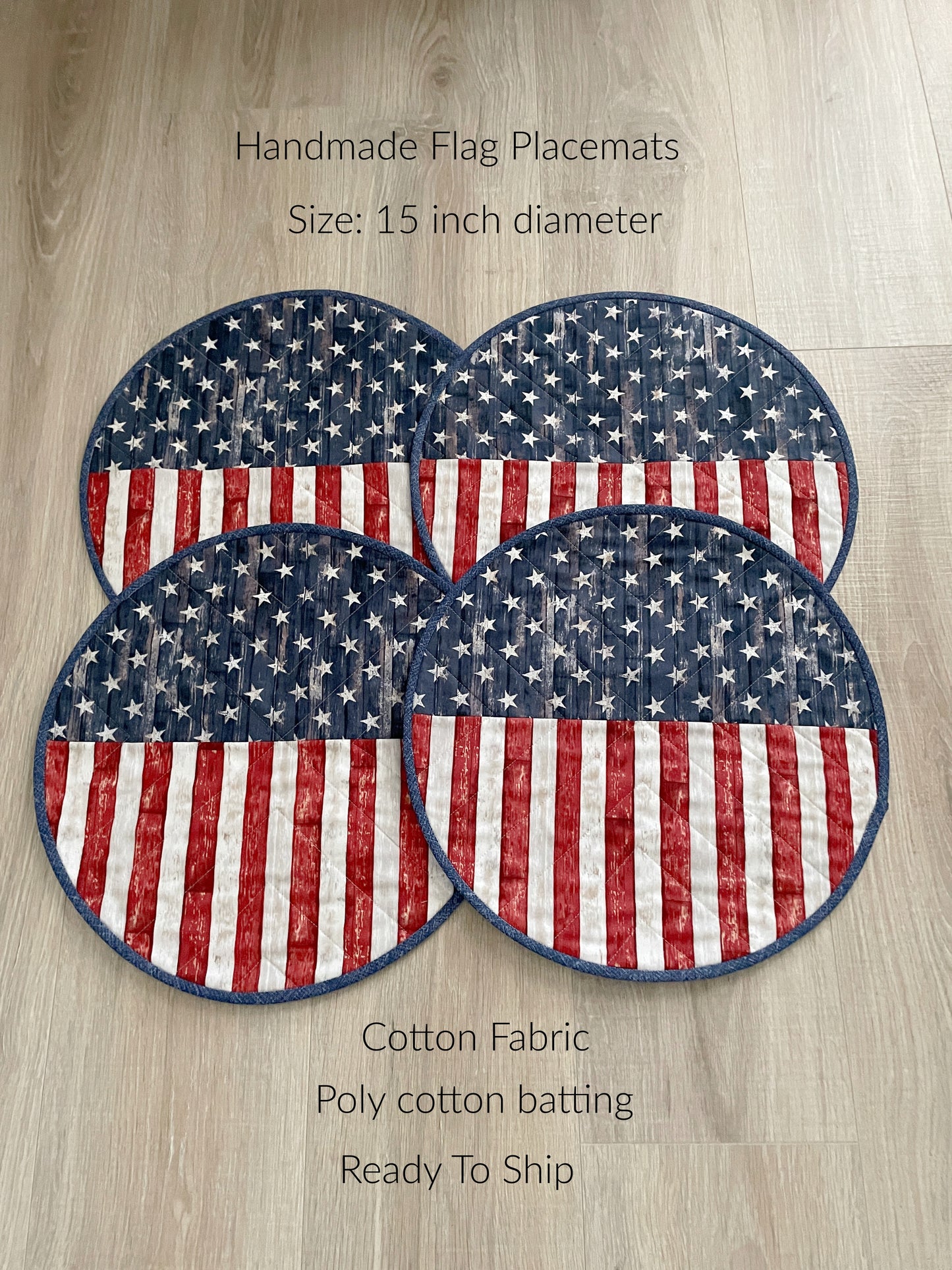 Time to celebrate America! Create a lovely table using these beautiful red, white, and blue round set of 4 rustic flag placemats, measuring 15 inches in diameter.