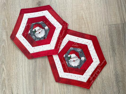 Santa Christmas Mug Rug, Set of 2 Handmade Snack Drink Mats