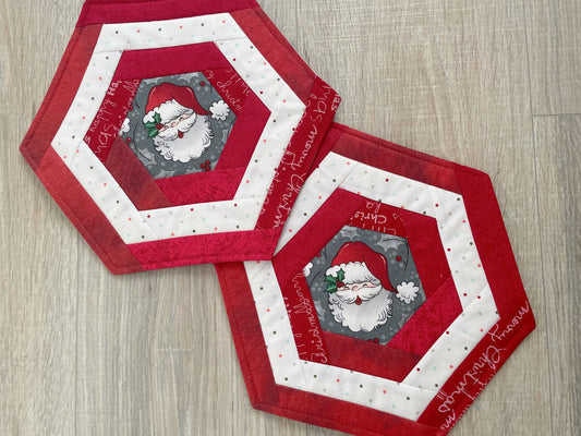 Santa Christmas Mug Rug, Set of 2 Handmade Snack Drink Mats