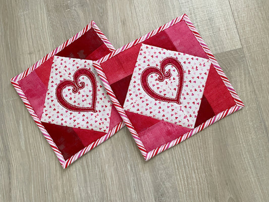 Valentine's Day Hot Pads Set of 2, Quilted Potholder, Hot Dish Trivet, Kitchen Accessory Gift, Heart Potholder