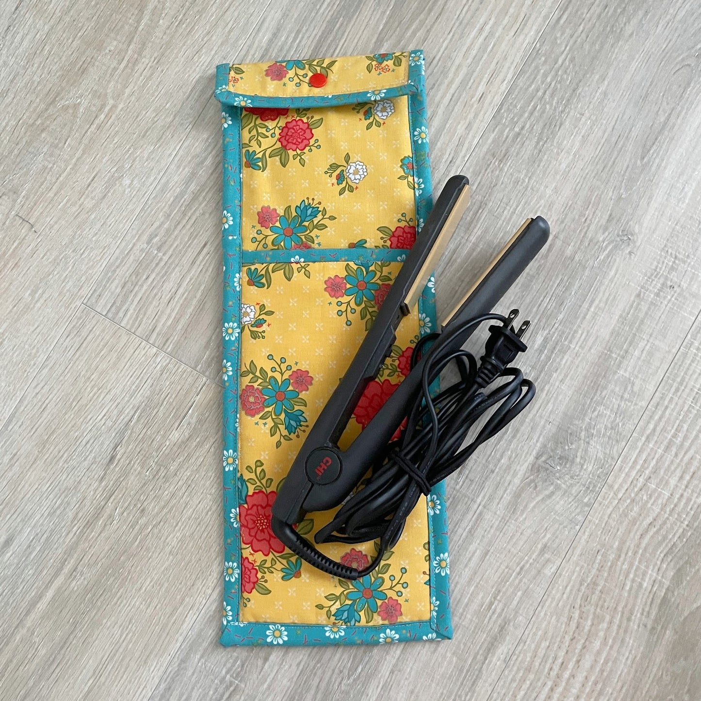 Handmade Flat Iron or Curling Iron Holder, Yellow and Blue with Flowers