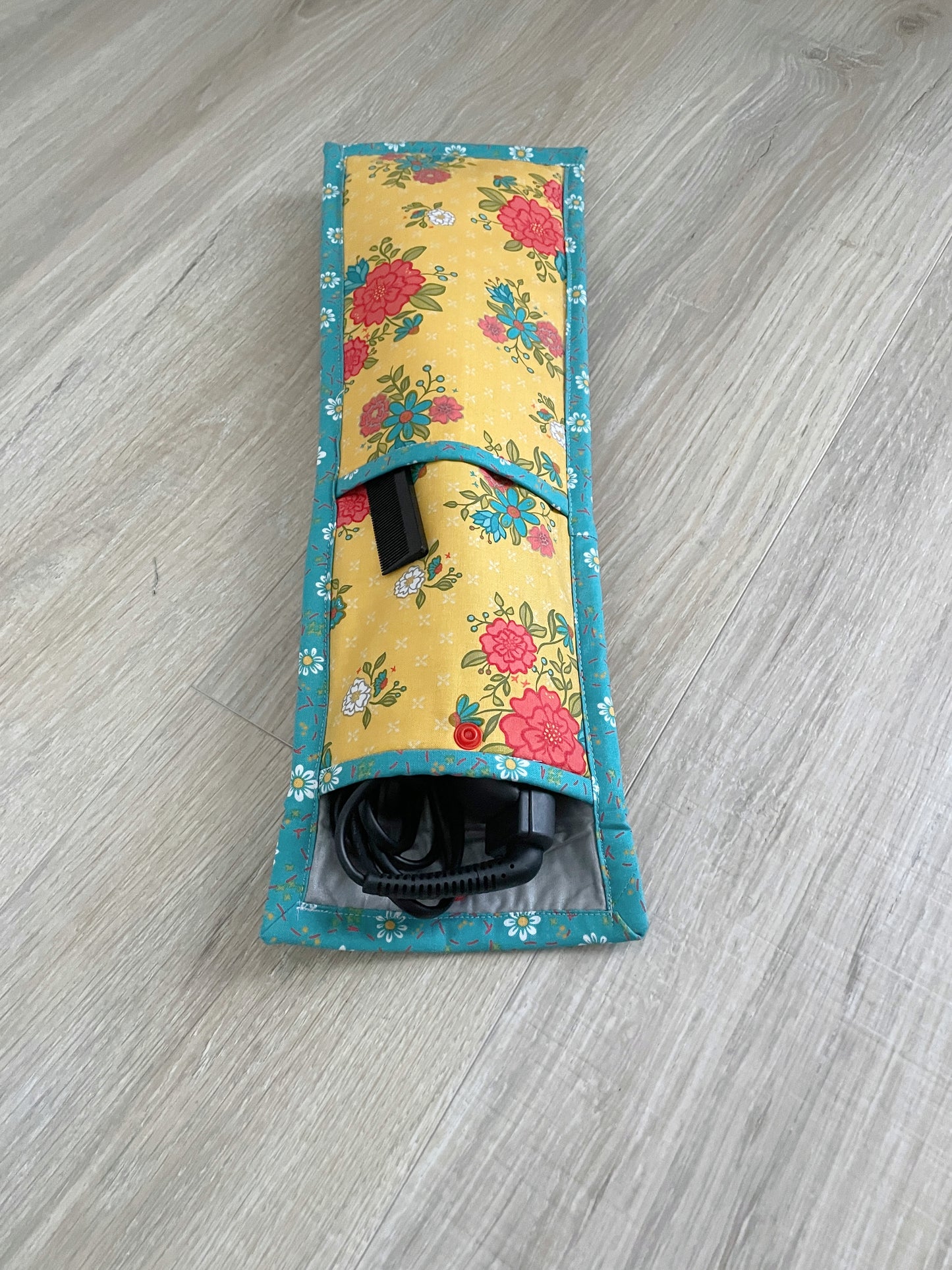 Handmade Flat Iron or Curling Iron Holder, Yellow and Blue with Flowers