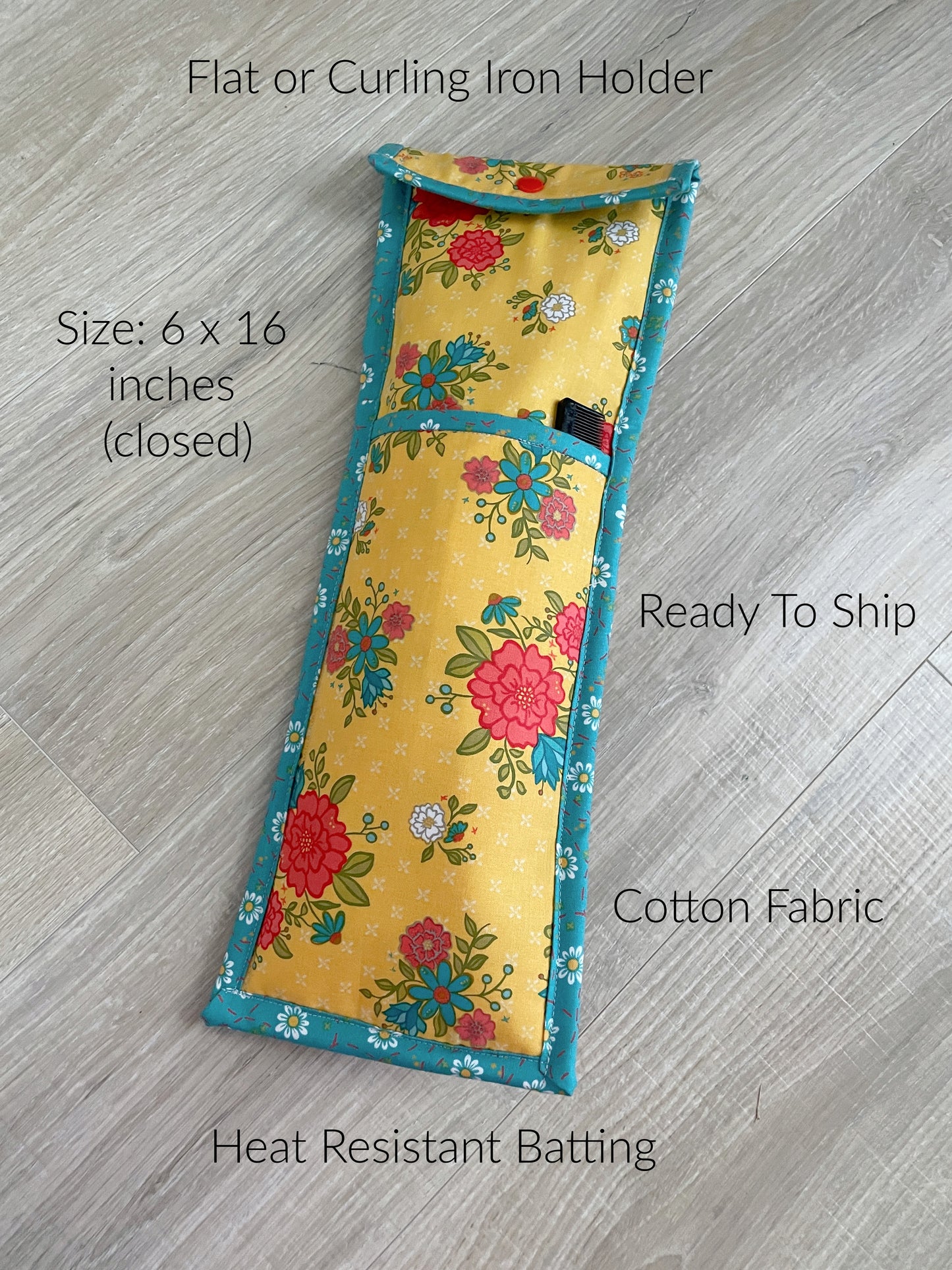 Handmade Flat Iron or Curling Iron Holder, Yellow and Blue with Flowers