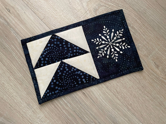 Sparkling Snowflake Mug Rug, Quilted Coaster, Blue White Snack Mat, Winter Decor