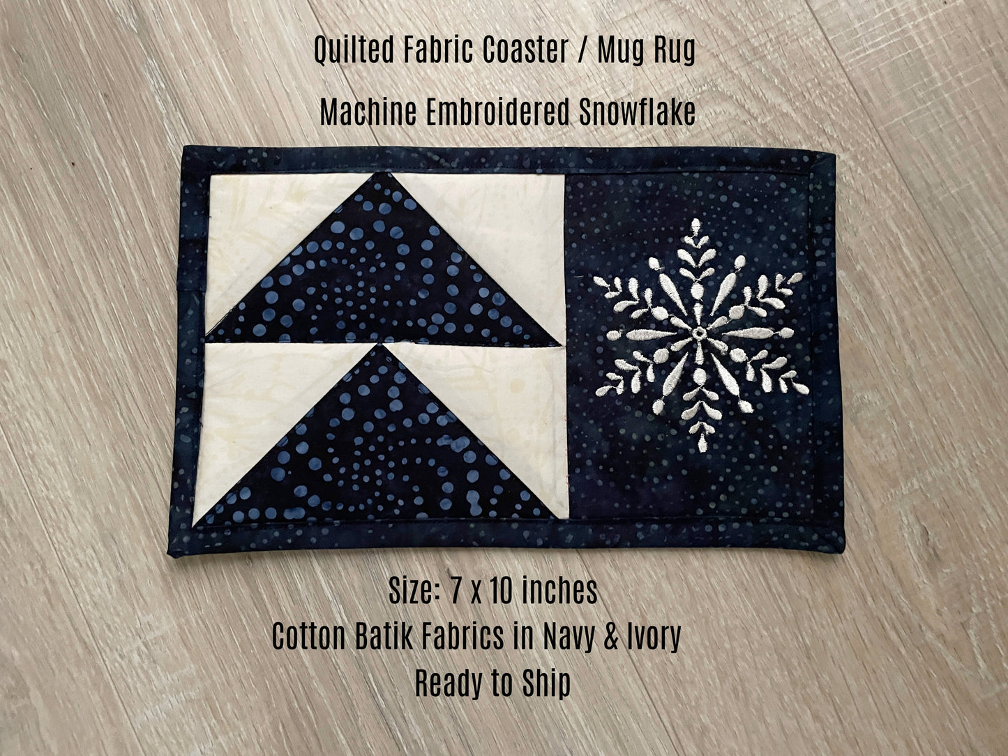 Sparkling Snowflake Mug Rug, Quilted Coaster, Blue White Snack Mat, Winter Decor