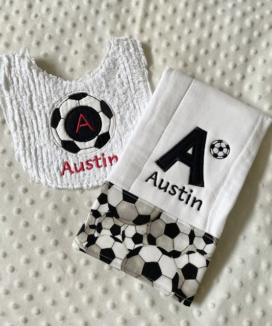 Custom Soccer Theme Baby Bib and Burp Cloth Set - Personalized Baby Shower Gift