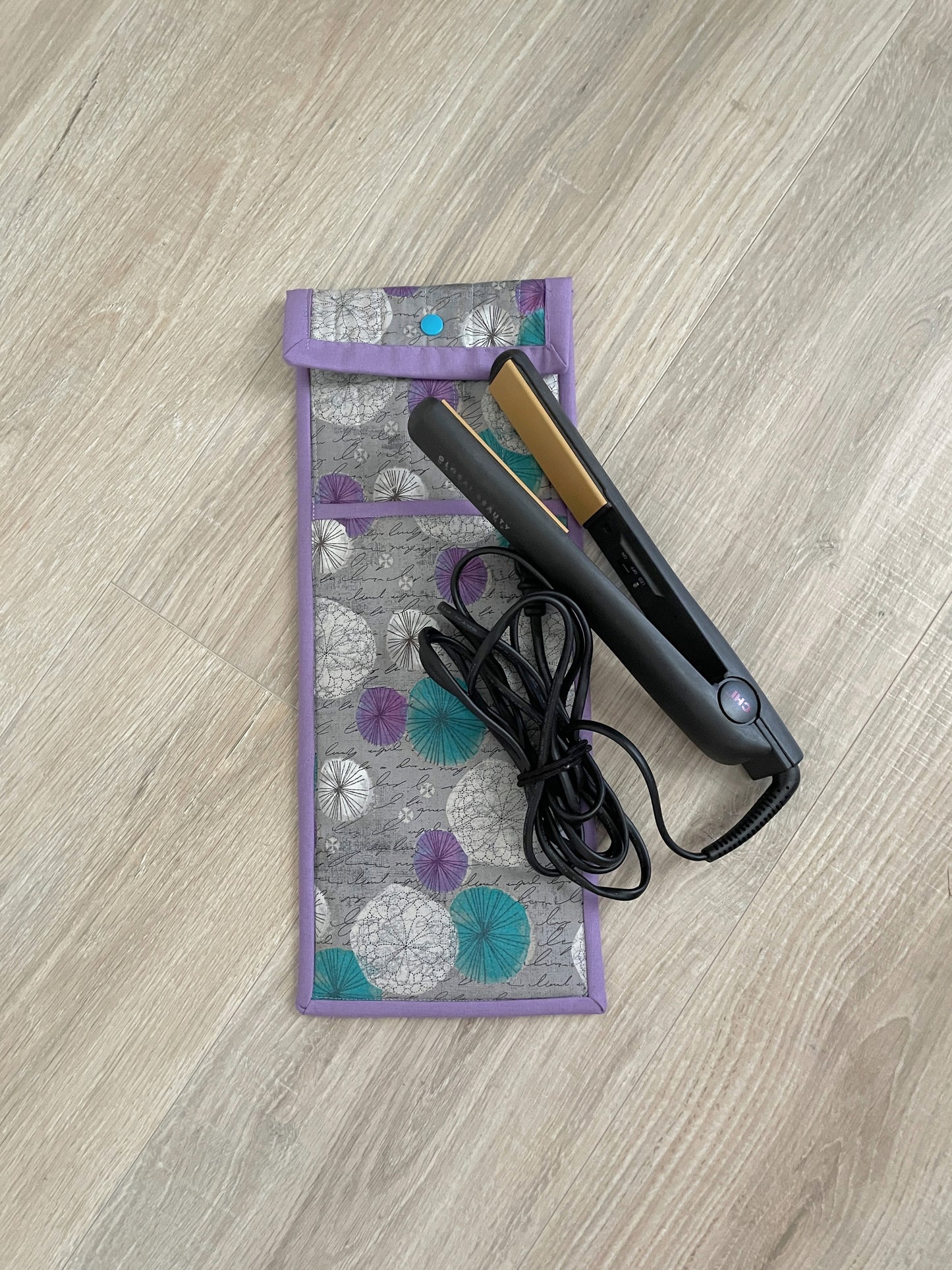 Handmade Flat Iron or Curling Iron Holder, Purple and Teal Spirographs